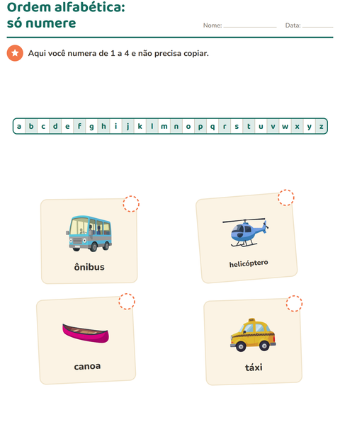 Pré-visualização da ficha de Ordem alfabética com Veículos para 1º ano do ensino fundamental