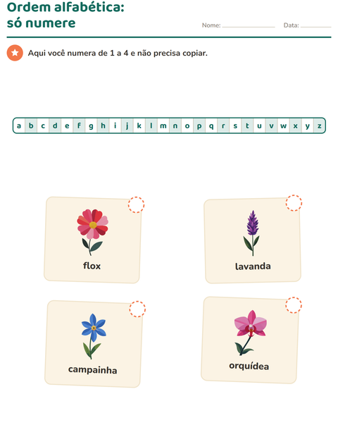 Pré-visualização da ficha de Ordem alfabética com Flores para 1º ano do ensino fundamental
