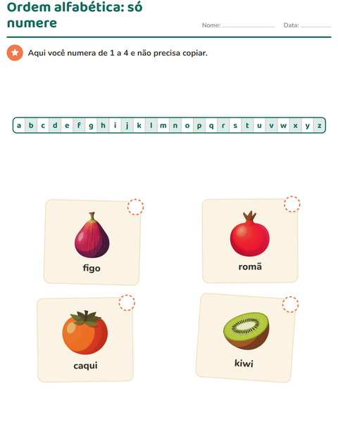 Ordem alfabética: numere quatro frutas de 1 a 4