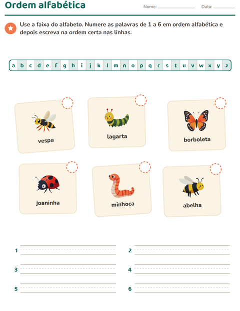 Pré-visualização da ficha de Ordem alfabética com Insetos e bichos para 1º ano do ensino fundamental
