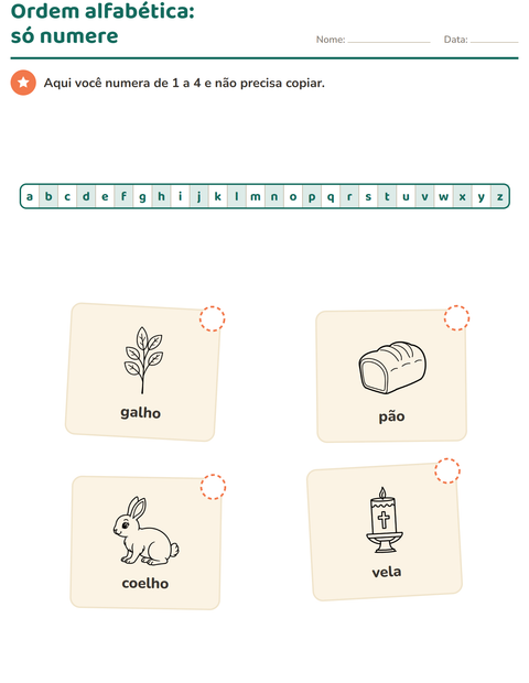 Pré-visualização da ficha de Ordem alfabética com Páscoa PB para 1º ano do ensino fundamental