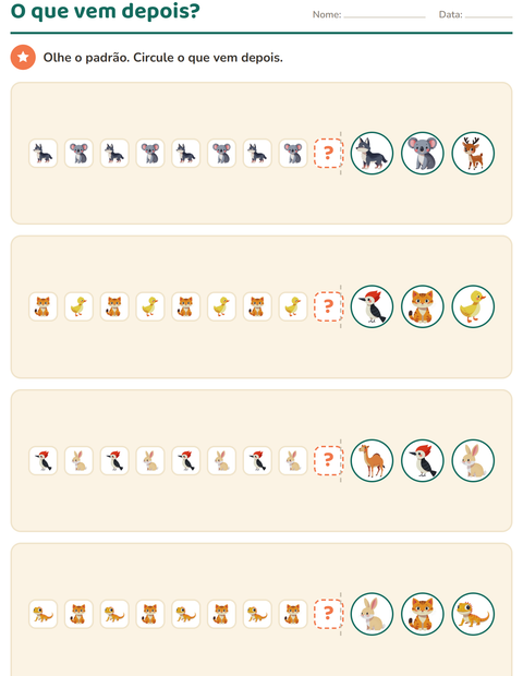 Pré-visualização da ficha de Padrões com Animais para Educação infantil (pré-escola, 5-7 anos)