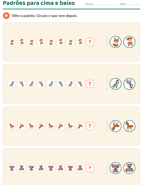 Pré-visualização da ficha de Padrões com Animais para Educação infantil (pré-escola, 5-7 anos)