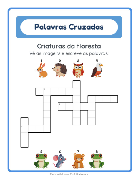 Pré-visualização da ficha de Palavras Cruzadas para 2º ano do ensino fundamental
