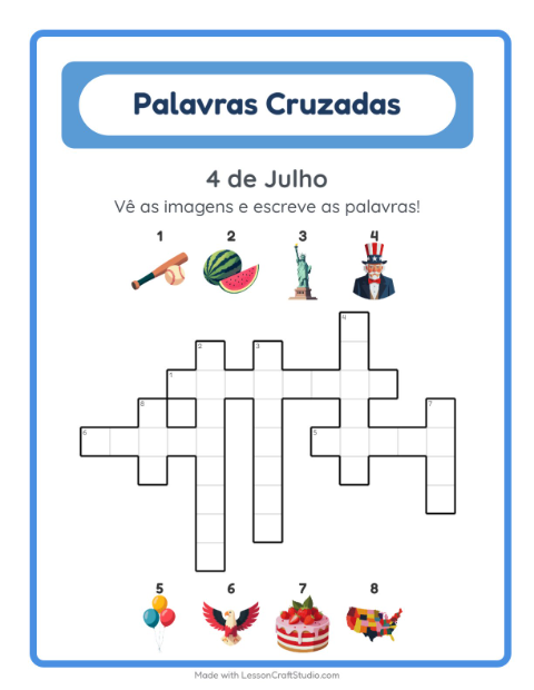 Pré-visualização da ficha de Palavras Cruzadas para 2º ano do ensino fundamental