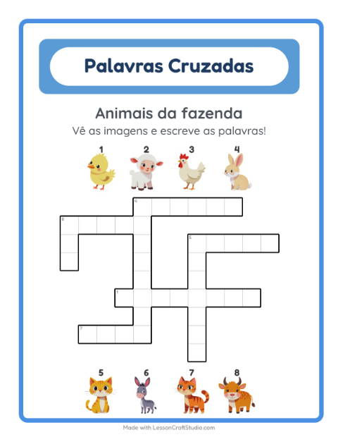 Pré-visualização da ficha de Palavras Cruzadas para 2º ano do ensino fundamental