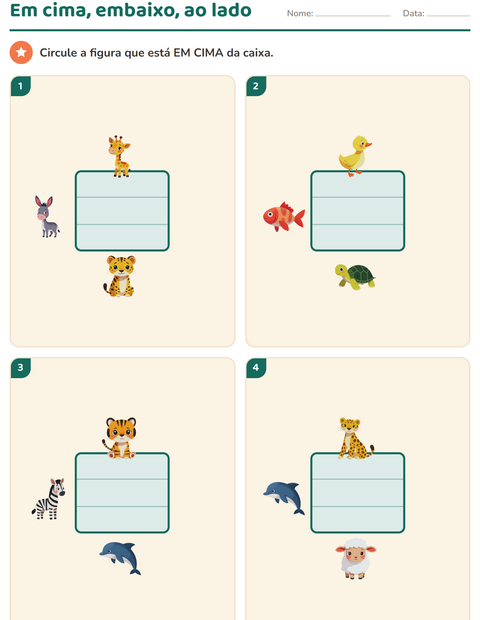 Pré-visualização da ficha de Palavras de posição com Animais para Educação infantil (pré-escola, 5-7 anos)
