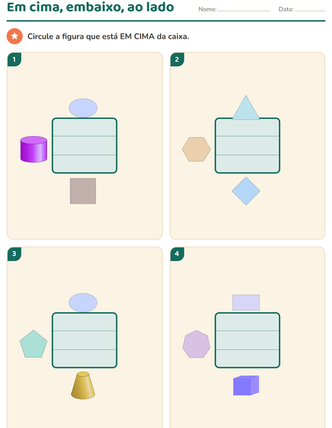 Pré-visualização da ficha de Palavras de posição com Formas para Educação infantil (pré-escola, 5-7 anos)