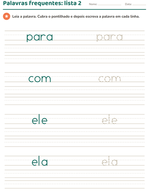 Pré-visualização da ficha de Palavras frequentes para Educação infantil (pré-escola, 5-7 anos)
