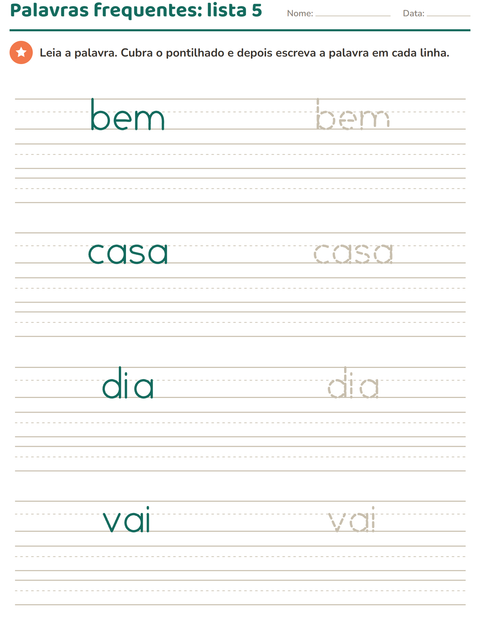 Pré-visualização da ficha de Palavras frequentes para Educação infantil (pré-escola, 5-7 anos)