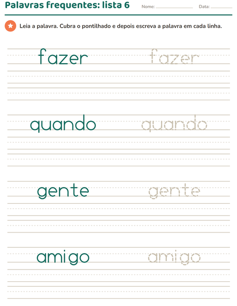 Pré-visualização da ficha de Palavras frequentes para Educação infantil (pré-escola, 5-7 anos)