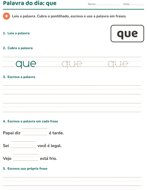 Pré-visualização da ficha de Palavras frequentes para Educação infantil (pré-escola, 5-7 anos)