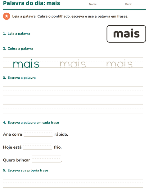 Pré-visualização da ficha de Palavras frequentes para Educação infantil (pré-escola, 5-7 anos)