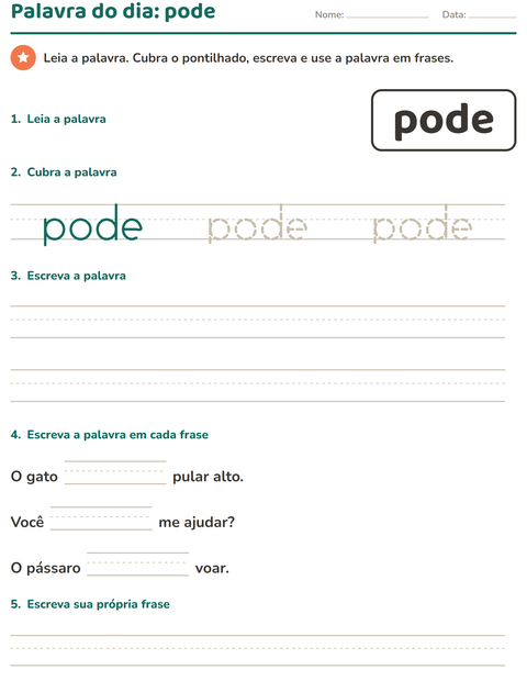 Pré-visualização da ficha de Palavras frequentes para Educação infantil (pré-escola, 5-7 anos)