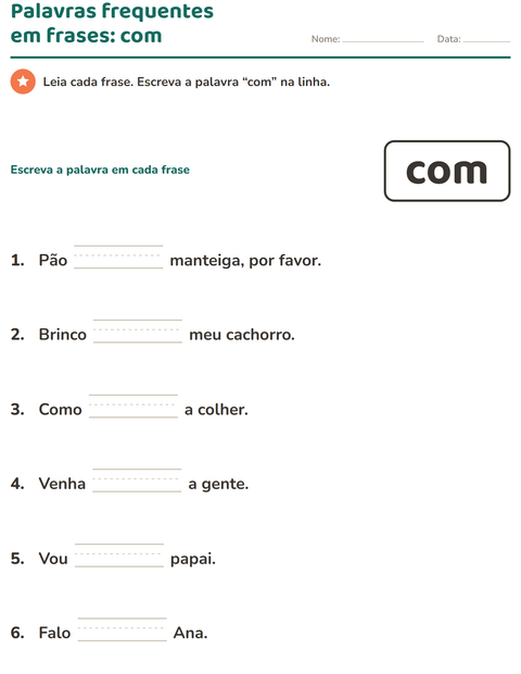 Pré-visualização da ficha de Palavras frequentes para Educação infantil (pré-escola, 5-7 anos)