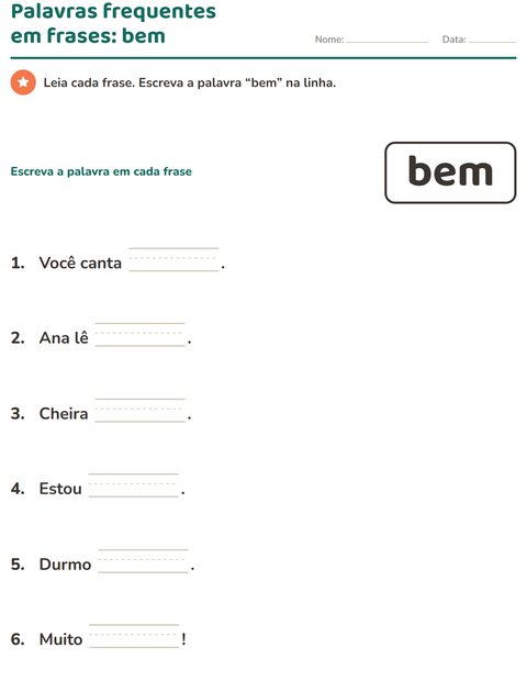 Pré-visualização da ficha de Palavras frequentes para Educação infantil (pré-escola, 5-7 anos)