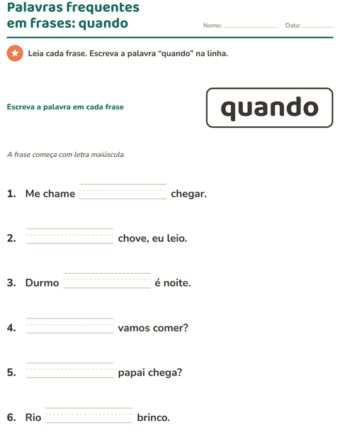 Pré-visualização da ficha de Palavras frequentes para Educação infantil (pré-escola, 5-7 anos)