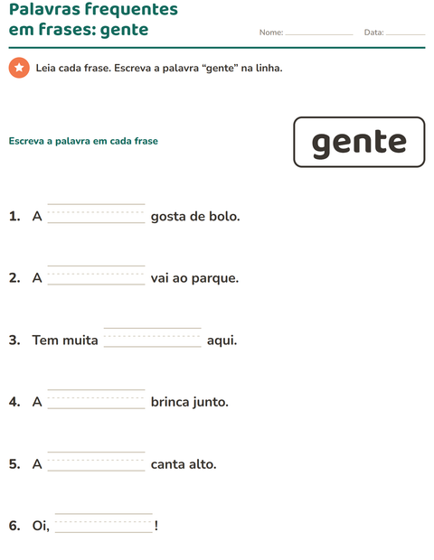 Pré-visualização da ficha de Palavras frequentes para Educação infantil (pré-escola, 5-7 anos)