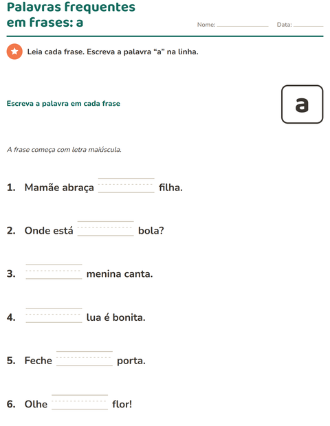 Pré-visualização da ficha de Palavras frequentes para Educação infantil (pré-escola, 5-7 anos)