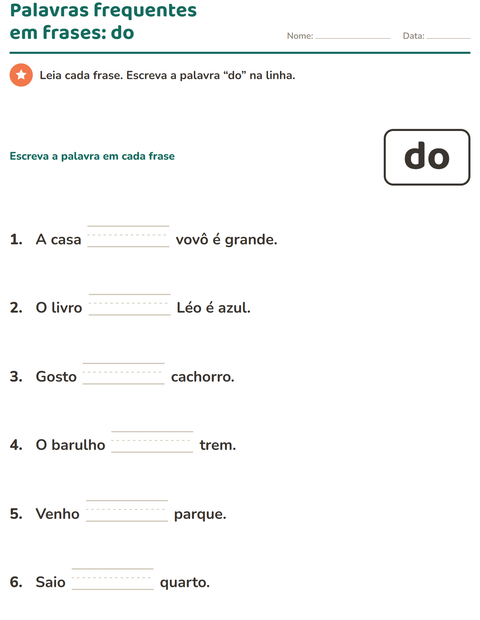Pré-visualização da ficha de Palavras frequentes para Educação infantil (pré-escola, 5-7 anos)