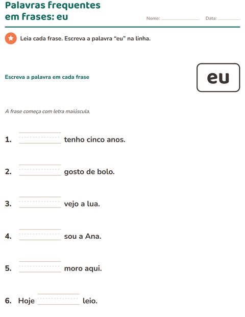 Pré-visualização da ficha de Palavras frequentes para Educação infantil (pré-escola, 5-7 anos)