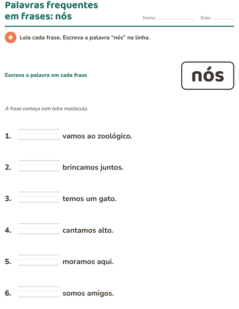 Pré-visualização da ficha de Palavras frequentes para Educação infantil (pré-escola, 5-7 anos)