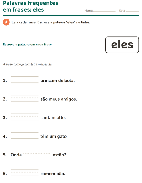 Pré-visualização da ficha de Palavras frequentes para Educação infantil (pré-escola, 5-7 anos)