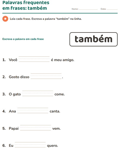 Pré-visualização da ficha de Palavras frequentes para Educação infantil (pré-escola, 5-7 anos)