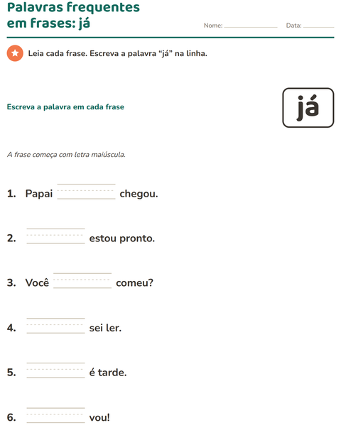 Pré-visualização da ficha de Palavras frequentes para Educação infantil (pré-escola, 5-7 anos)