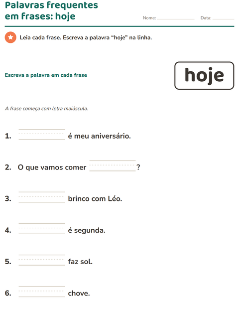 Pré-visualização da ficha de Palavras frequentes para Educação infantil (pré-escola, 5-7 anos)
