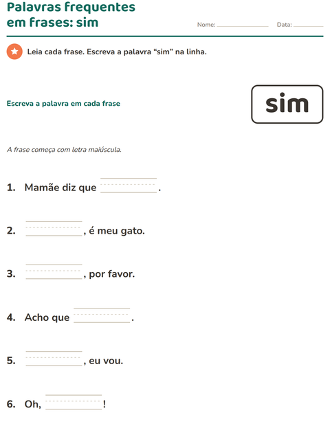 Pré-visualização da ficha de Palavras frequentes para Educação infantil (pré-escola, 5-7 anos)