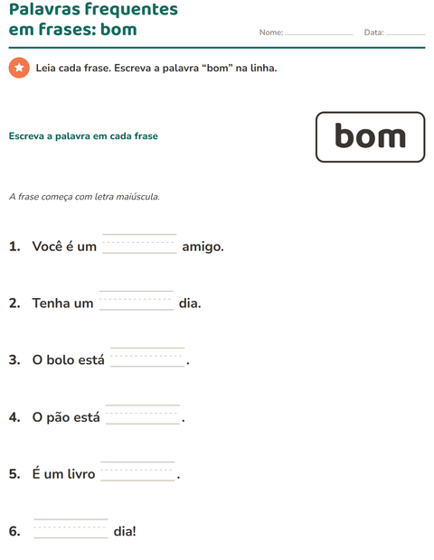 Pré-visualização da ficha de Palavras frequentes para Educação infantil (pré-escola, 5-7 anos)