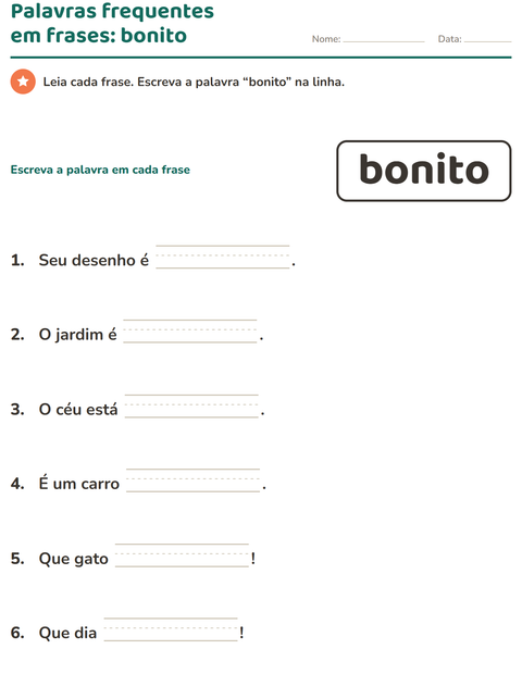 Pré-visualização da ficha de Palavras frequentes para Educação infantil (pré-escola, 5-7 anos)