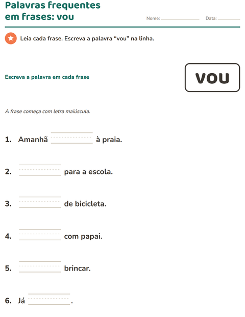 Pré-visualização da ficha de Palavras frequentes para Educação infantil (pré-escola, 5-7 anos)