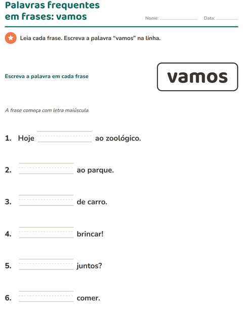 Pré-visualização da ficha de Palavras frequentes para Educação infantil (pré-escola, 5-7 anos)