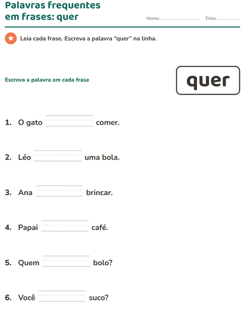 Pré-visualização da ficha de Palavras frequentes para Educação infantil (pré-escola, 5-7 anos)