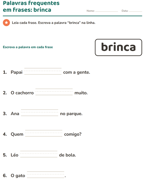 Pré-visualização da ficha de Palavras frequentes para Educação infantil (pré-escola, 5-7 anos)