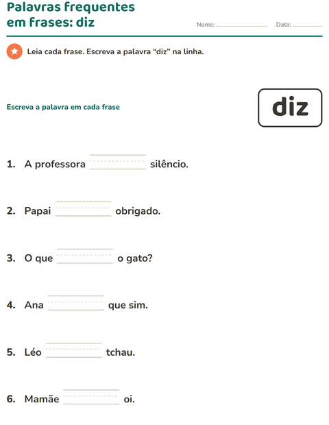 Pré-visualização da ficha de Palavras frequentes para Educação infantil (pré-escola, 5-7 anos)