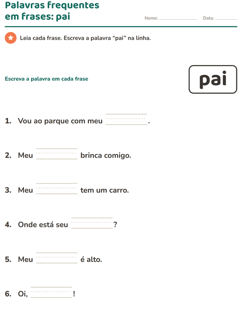 Pré-visualização da ficha de Palavras frequentes para Educação infantil (pré-escola, 5-7 anos)