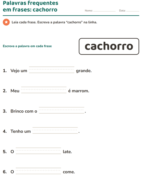 Pré-visualização da ficha de Palavras frequentes para Educação infantil (pré-escola, 5-7 anos)