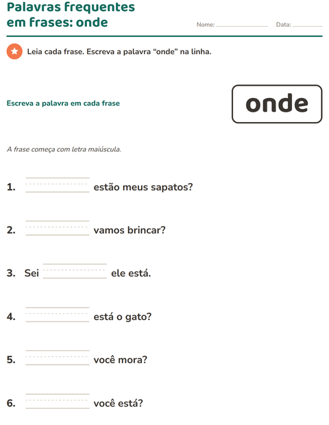 Pré-visualização da ficha de Palavras frequentes para Educação infantil (pré-escola, 5-7 anos)