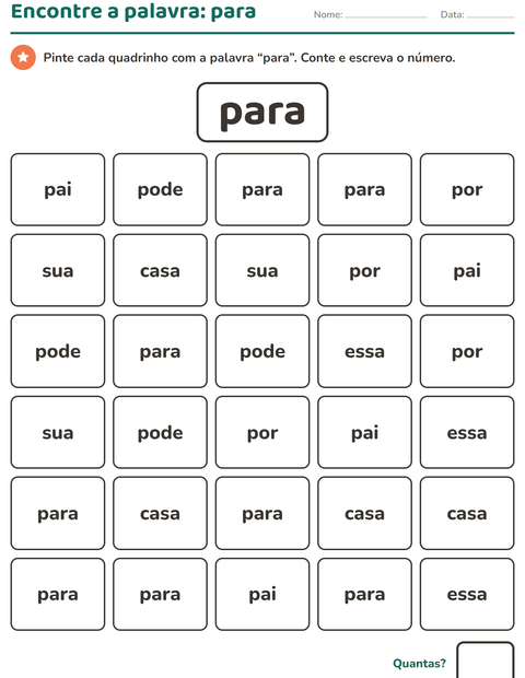 Pré-visualização da ficha de Palavras frequentes para Educação infantil (pré-escola, 5-7 anos)