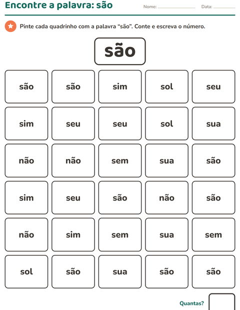 Pré-visualização da ficha de Palavras frequentes para Educação infantil (pré-escola, 5-7 anos)