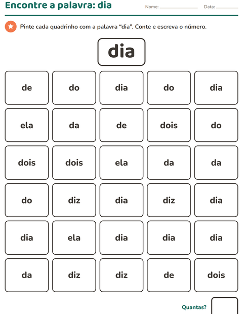 Pré-visualização da ficha de Palavras frequentes para Educação infantil (pré-escola, 5-7 anos)