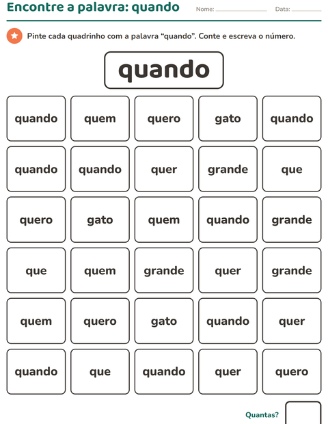 Pré-visualização da ficha de Palavras frequentes para Educação infantil (pré-escola, 5-7 anos)