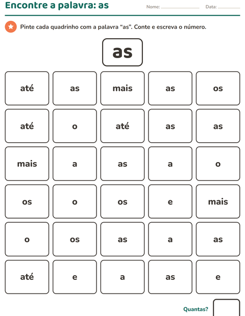 Pré-visualização da ficha de Palavras frequentes para Educação infantil (pré-escola, 5-7 anos)