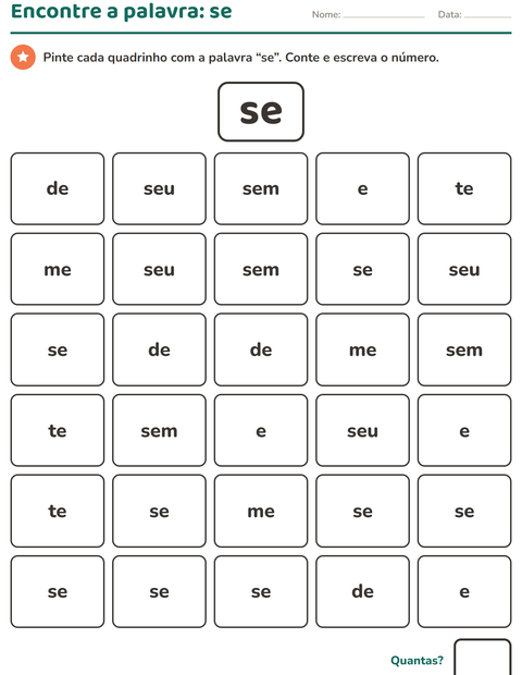 Pré-visualização da ficha de Palavras frequentes para Educação infantil (pré-escola, 5-7 anos)