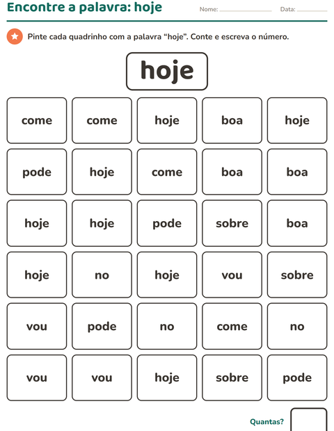 Pré-visualização da ficha de Palavras frequentes para Educação infantil (pré-escola, 5-7 anos)