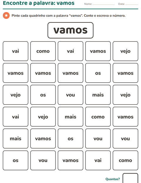 Pré-visualização da ficha de Palavras frequentes para Educação infantil (pré-escola, 5-7 anos)