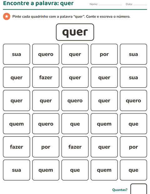 Pré-visualização da ficha de Palavras frequentes para Educação infantil (pré-escola, 5-7 anos)